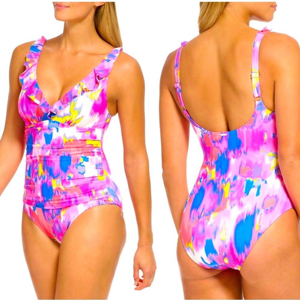 🆕#5~ DKNY Ruffle Underwire Tummy Control One-Piece Swimsuit, Size 6
